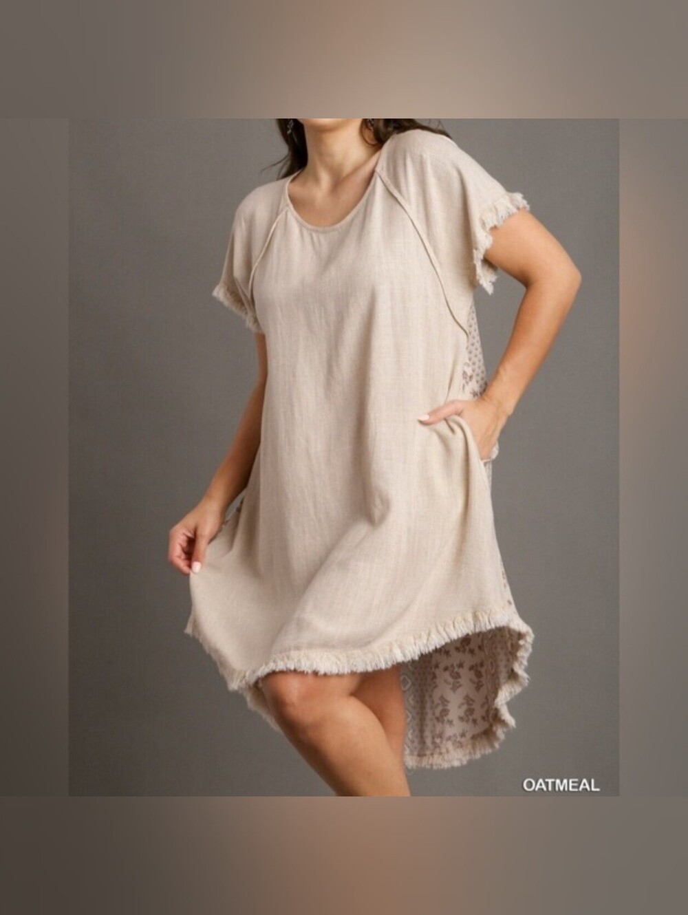 Umgee Boho Oatmeal Linen-Blend Frayed Fringe Patchwork Mixed Print Tunic Dress s